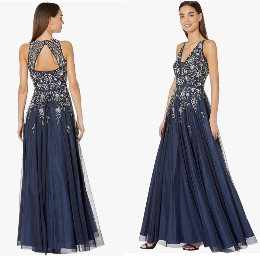 NEW ADRIANNA PAPELL NAVY BLUE BEADED PLUNGE A-LINE BALL GOWN WITH OPEN BACK 14